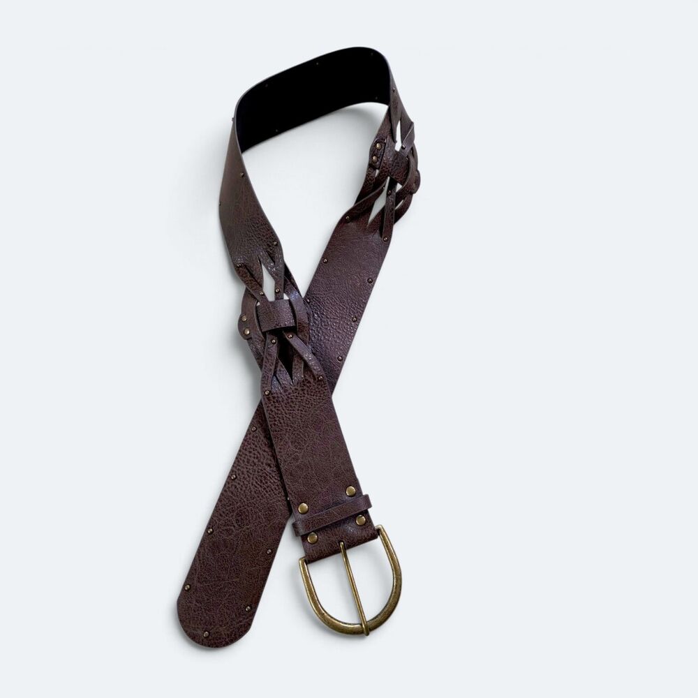 Y2K Style Boho Wide Brown Textured Waist Belt Antique Brass Buckle